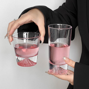 粉色富士山杯江户切子玻璃杯小众设高级感威士忌杯观山杯雪山杯子