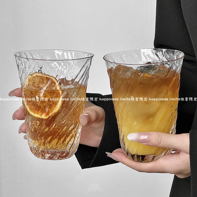 ins阔口折纹玻璃杯咖啡杯轻薄冰美式拿铁杯茶杯冷饮果汁杯饮品杯