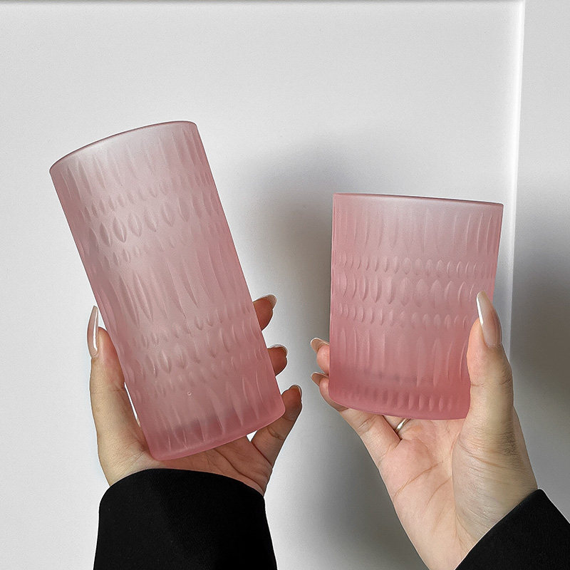 磨砂少女粉玻璃杯复古浮雕水杯