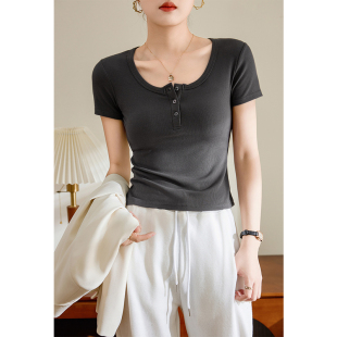 欧货性感高腰短款T恤女夏季2026新款纽扣U领短袖上衣螺纹棉打底衫