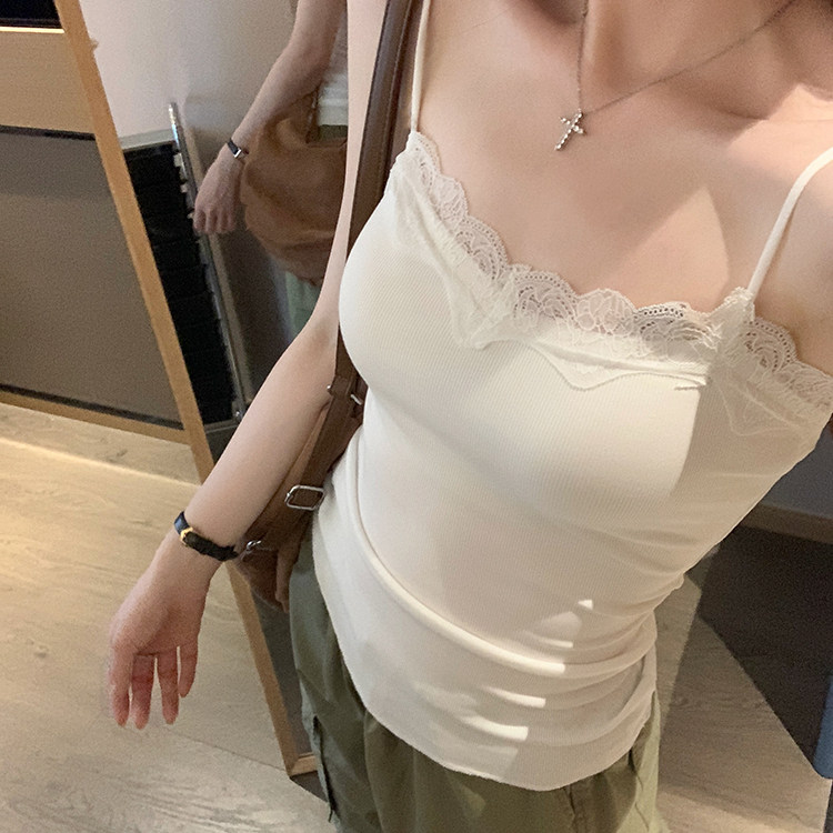 纯欲风灰色蕾丝边拼接无袖吊带背心女设计感性感显瘦辣妹打底上衣