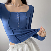 2026欧美纯欲风反线单排扣长袖 低胸方领锁骨T恤辣妹上衣女 打底衫