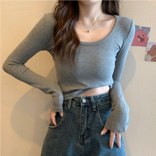 螺紋棉正肩緊身U領打底衫 磨毛上衣女 t恤女2025低領百搭秋冬季 長袖