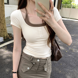挂脖系带方领假两件修身短袖女夏2025新款设计感小众别致显瘦上衣