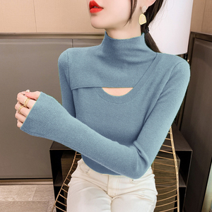 2023秋冬新款修身半高领针织衫别致内搭镂空时尚洋气女纯色打底衫