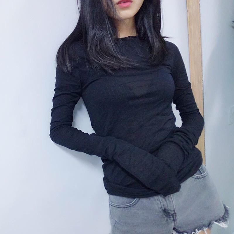 春秋复古港味chic百搭长袖薄款莫代尔性感微透紧身打底t恤上衣女
