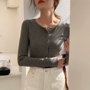 打底衫 韩版 小衫 半开领叠穿上衣螺纹纯色长袖 2023秋冬季 t恤女修身