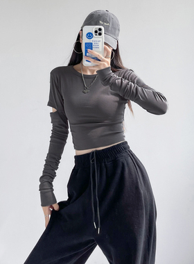 春秋冬割破袖设计感长袖打底衫女洋气减龄insT恤短款高腰修身上衣