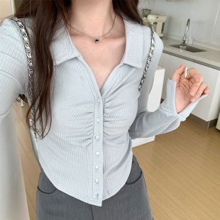 设计感小众polo领弹力长袖 上衣女 T恤秋季 显瘦内搭纯欲风纽扣开衫