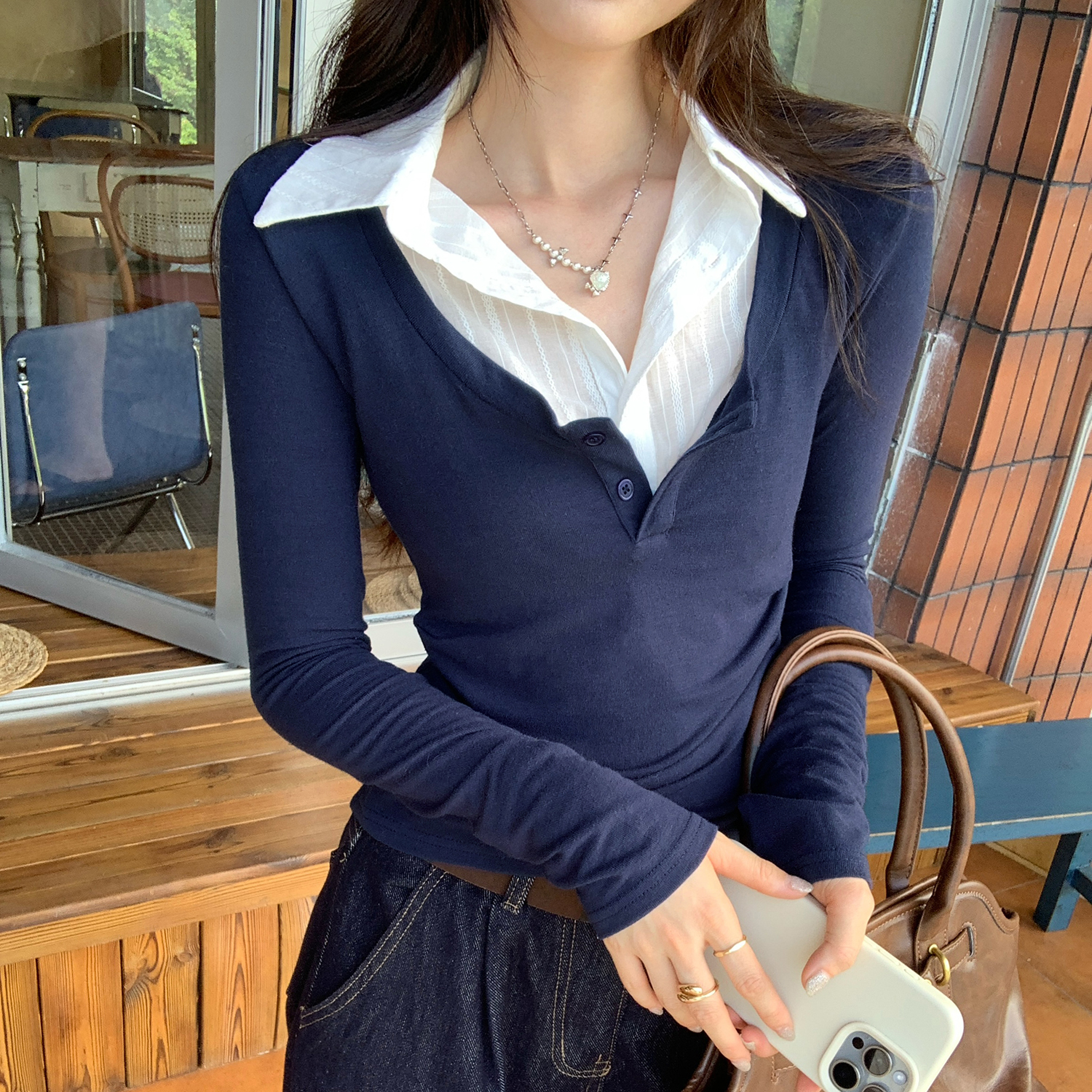 韩系撞色拼接假两件翻领长袖T恤女2025秋季新款高级感打底衫上衣