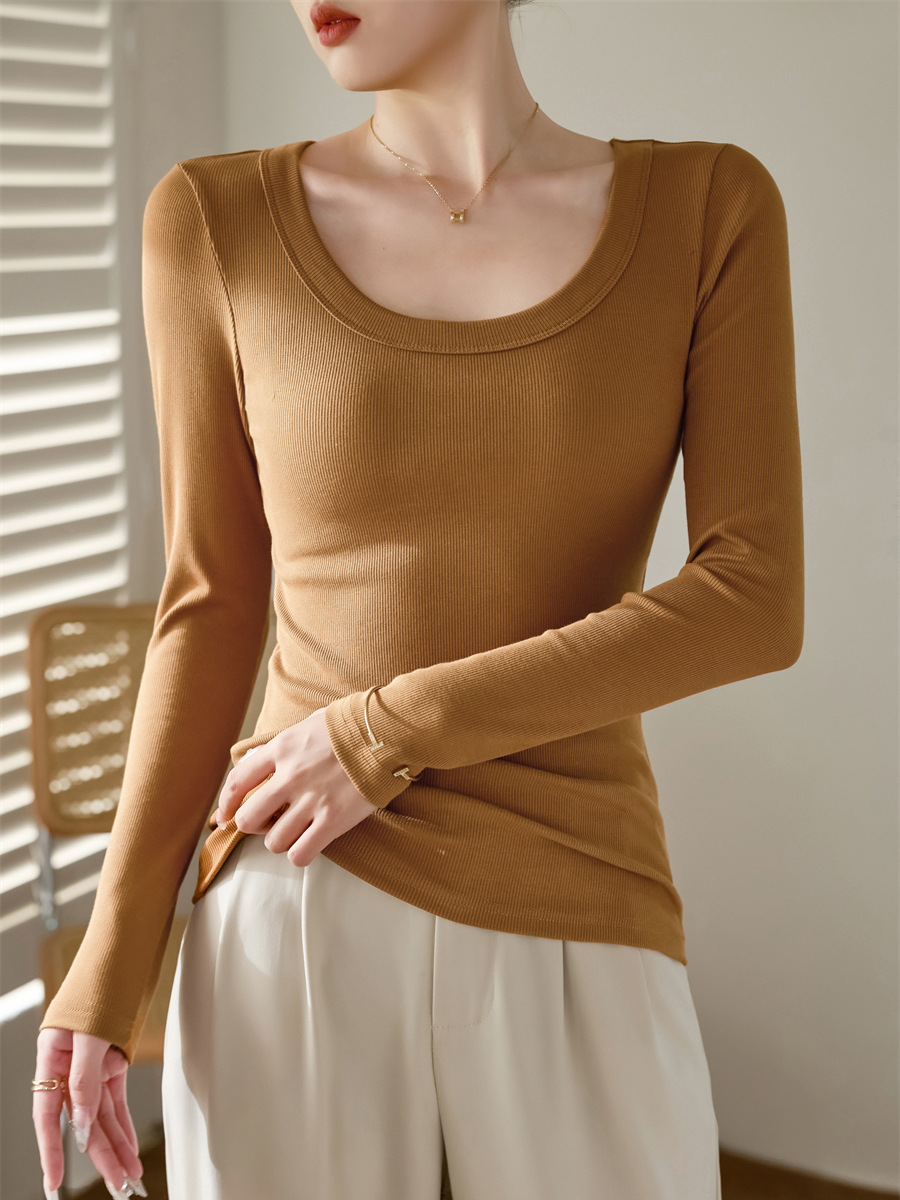 简约气质螺纹u领长袖T恤女