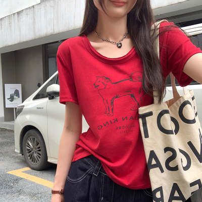 设计感小狗印花U领正肩短袖T恤女夏季2025年新款独特绝美百搭上衣