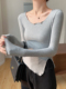 夏秋紧身女纯欲风低领高腰长袖 早秋设计感T恤上衣 木耳边高腰短款