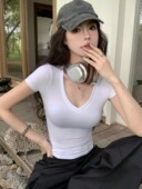 休闲v领正肩短袖 弹力设计感辣妹百搭简约性感上衣 T恤女夏白色修身