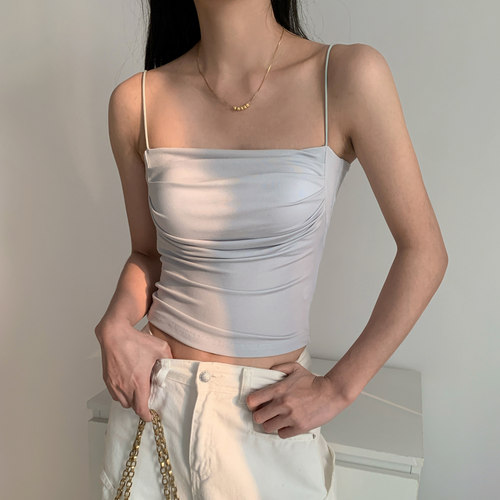 2026春夏天丝莱赛尔带胸垫方领吊带背心女设计感褶皱修身短款上衣