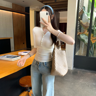 设计感半开领正肩中袖t恤女夏季2026新款高级感chic别致小众上衣