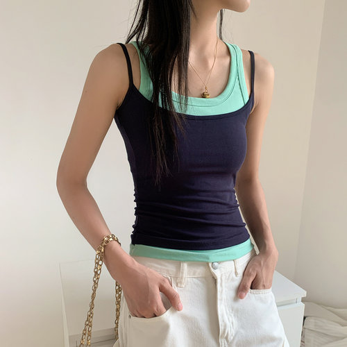 夏季设计感假两件吊带背心女美式辣妹撞色拼接修身外穿无袖上衣夏