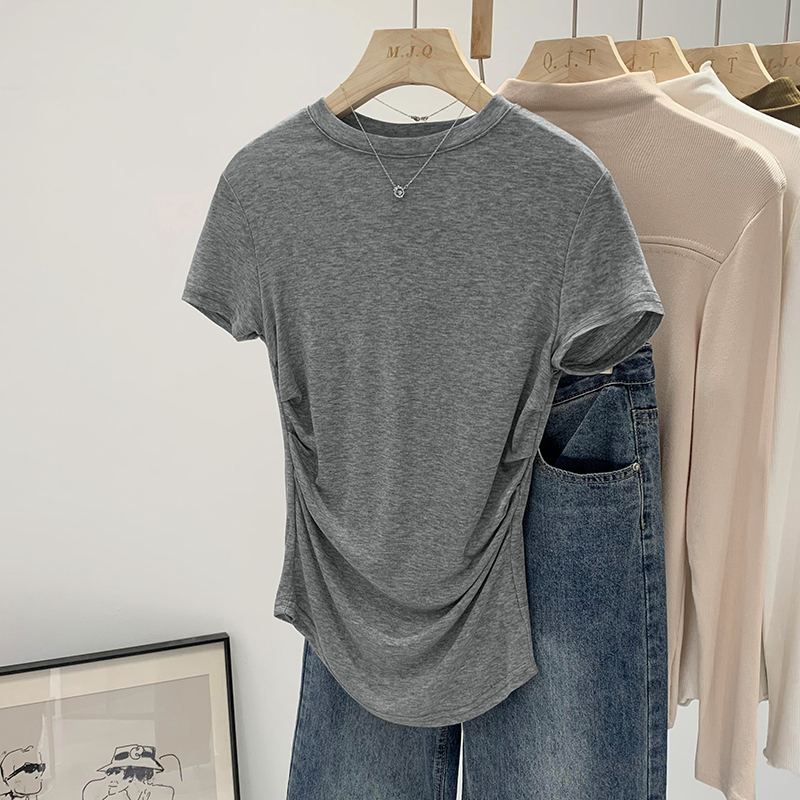 设计感圆领短袖白色T恤女2025春季新款百搭洋气褶皱收腰显瘦上衣