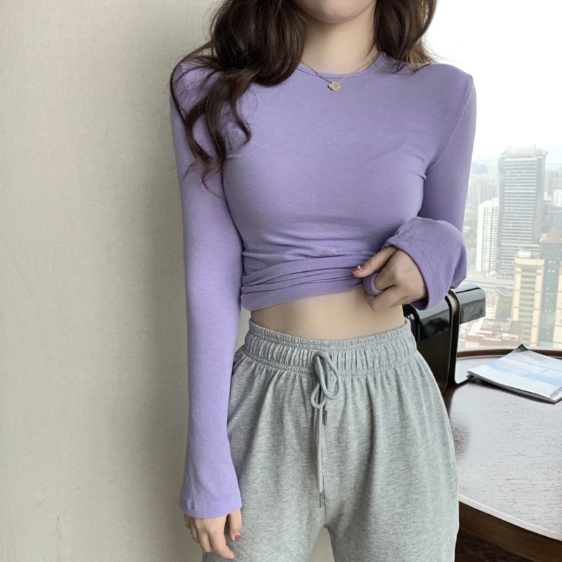 2025夏秋甜美显白香芋紫色打底衫修身ins纯欲风长袖薄款防晒T恤女
