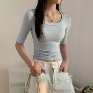 中袖 2026春夏秋季 五分袖 修身 高腰上衣 辣妹纯欲风百搭u领T恤女短款