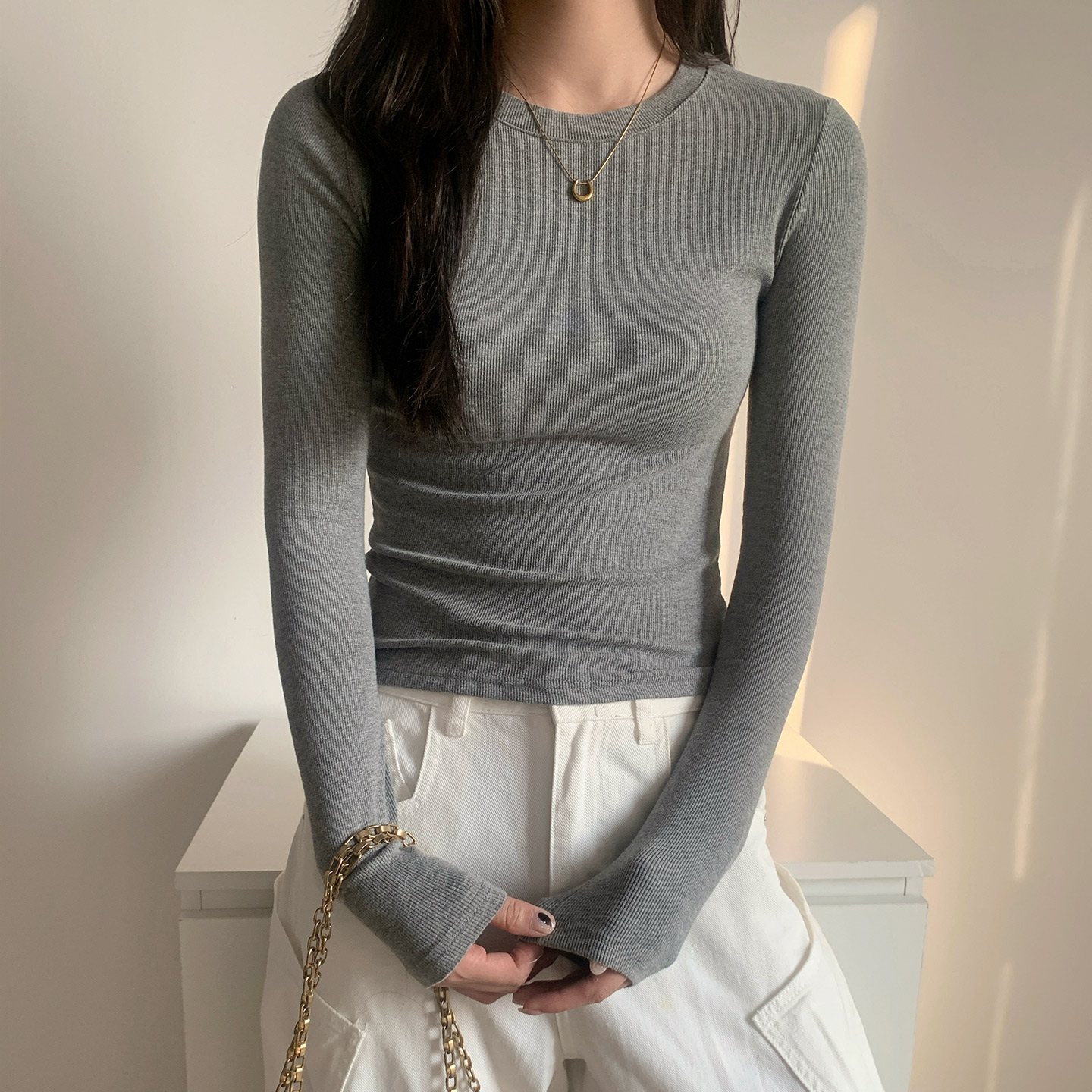 2025秋冬季螺纹美式正肩小衫长袖t恤女磨毛内搭打底修身百搭上衣