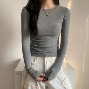 2025秋冬季螺纹美式正肩小衫长袖t恤女磨毛内搭打底修身百搭上衣