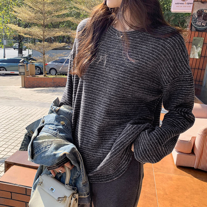 宽松条纹加绒内搭打底衫女