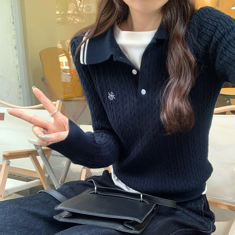 秋冬韩版学院风polo领减龄显瘦麻花针织衫新款显瘦毛衣打底上衣女