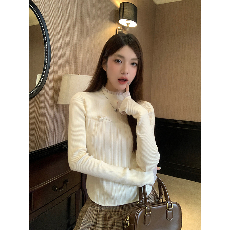 2025秋冬季新款蝴蝶结毛衣内搭设计感高级感蕾丝半高领针织打底衫