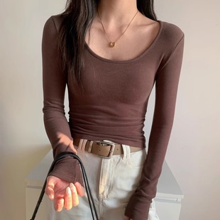 秋冬加厚加绒U领打底衫双面磨毛德绒长袖上衣修身卡腰低领T恤女