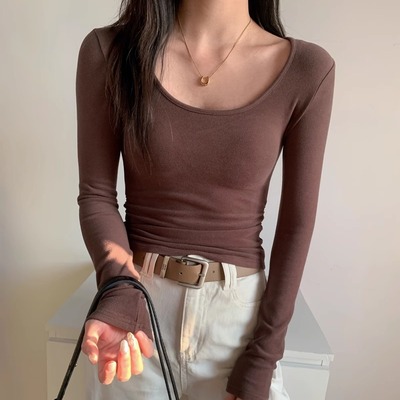 秋冬加厚加绒U领打底衫双面磨毛德绒长袖上衣修身卡腰低领T恤女