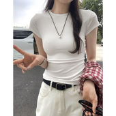 显瘦开春上衣ins t恤女2026夏小个子百搭紧身短袖 圆领修身 正肩短款