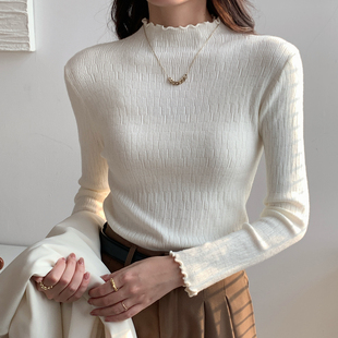 2025秋冬季半高领针织衫长袖内搭黑色毛衣木耳边打底衫气质上衣女