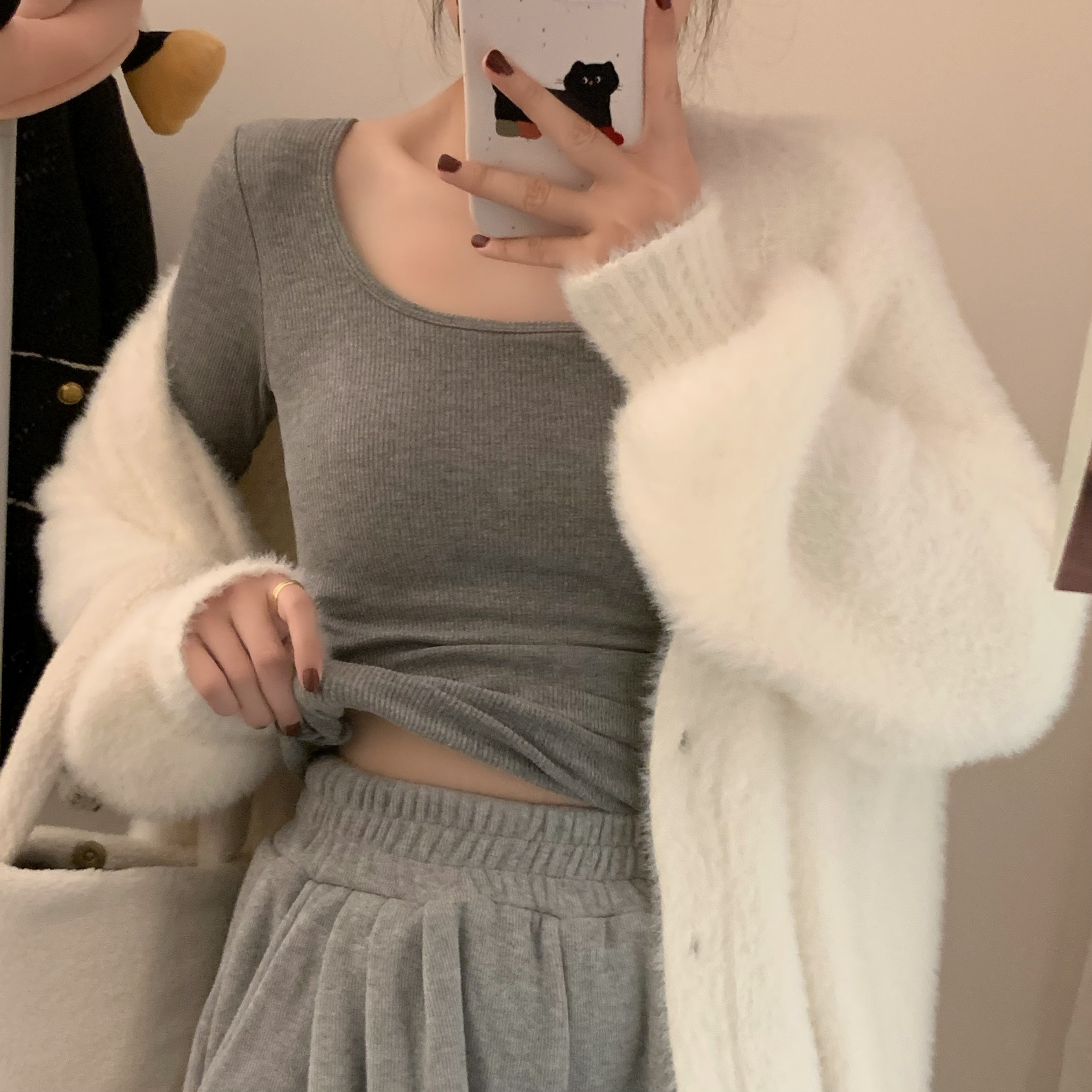 方领锁骨修身内搭打底衫