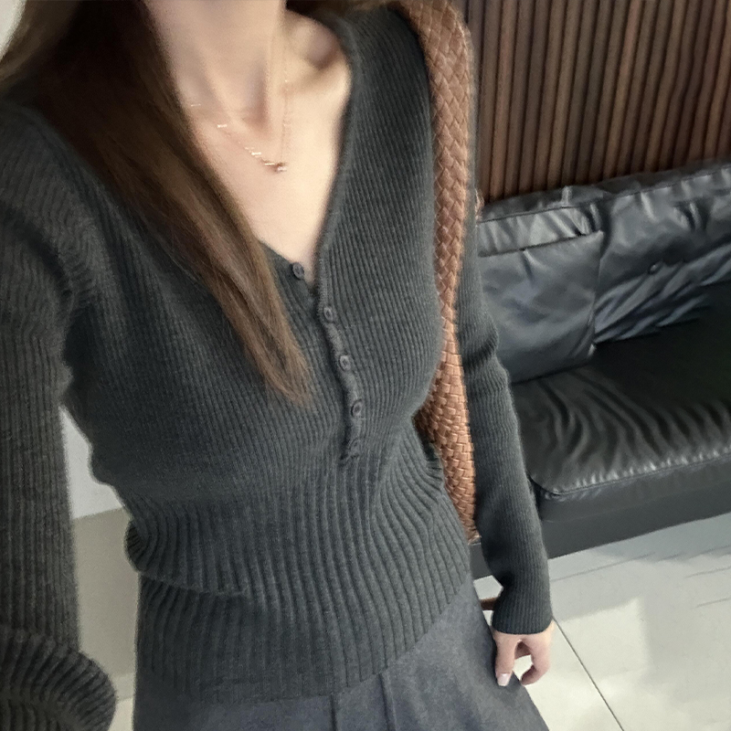 韩系V领针织打底女内搭秋冬2025新款安迪绒软糯收腰显瘦长袖上衣