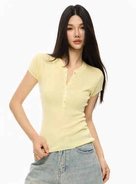 黄色亨利领正肩短袖T恤女小飞袖通勤微透修身莱赛尔天丝羊毛上衣