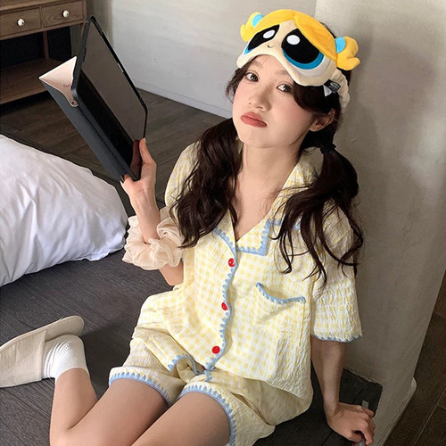 晚眠带胸垫一体睡衣女夏季云朵棉短袖短裤夏天防凸两件套装家居服