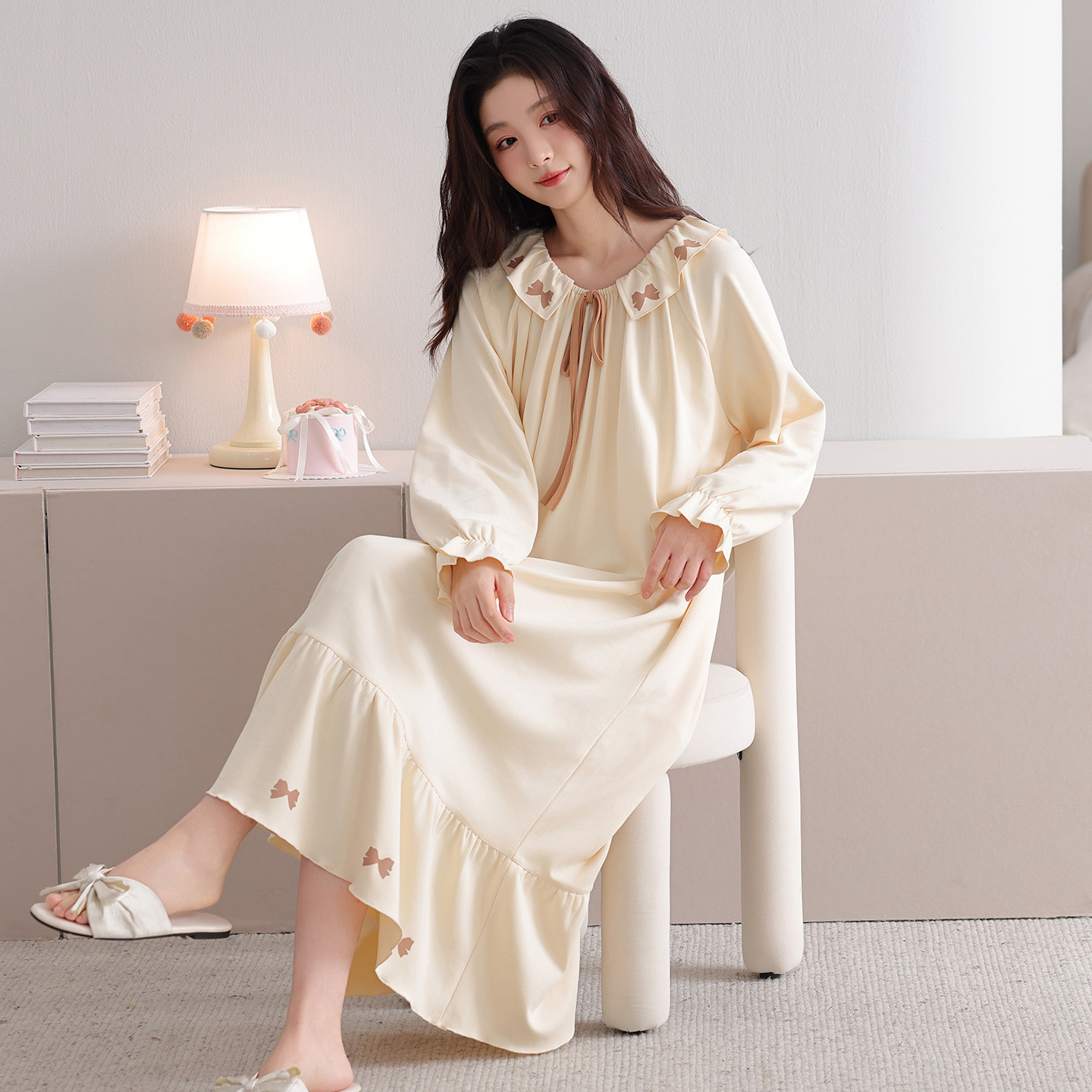 晚眠带胸垫纯棉睡裙女款春秋季长袖大码2026年新款全棉睡衣公主风图片