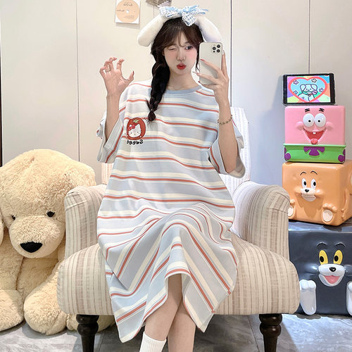 晚眠带胸垫睡裙女夏季薄款短袖条纹少女2026年新款睡衣裙大码夏天