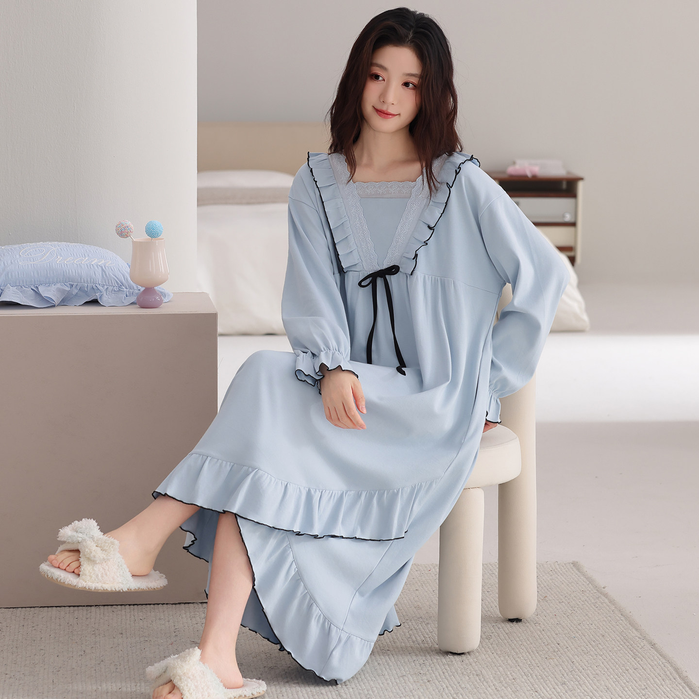 晚眠带胸垫纯棉睡裙女款春秋季长袖大码2026年新款全棉睡衣公主风图片