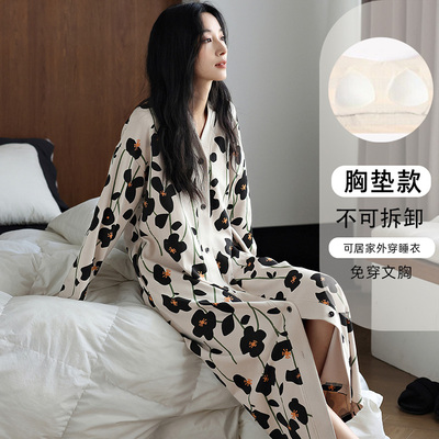 晚眠带胸垫睡裙女春秋款纯棉长袖开衫孕妇V领2024年新款睡衣冬季