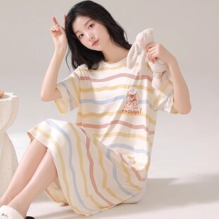 睡衣裙大码 晚眠带胸垫睡裙女夏季 条纹2025年新款 纯棉短袖 夏天 薄款
