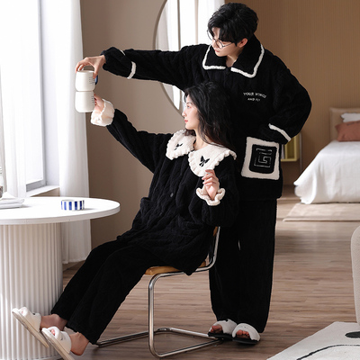 晚眠情侣珊瑚绒黑色睡衣秋冬款