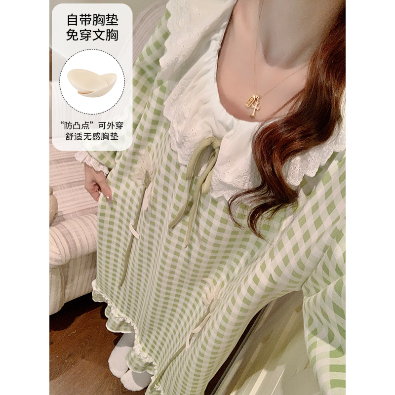 晚眠2025新款公主风带胸垫睡裙女秋春季纯棉长袖大码睡衣裙长款冬