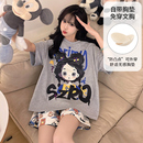 晚眠带胸垫睡衣女夏季 纯棉短袖 2025新款 一体可爱夏天家居服套装