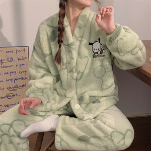 晚眠珊瑚绒睡衣女秋冬天款保暖法兰加绒加厚冬季可爱家居服帕恰狗