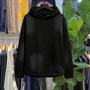 帽衫 复古星月印花做旧脏染套头连帽卫衣男女情侣款 美式 档口实拍