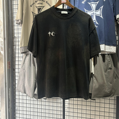 重磅星月刺绣水洗做旧短袖T恤