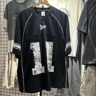 档口实拍 美式复古水洗做旧数字11字母印花宽松V领情侣短袖T恤