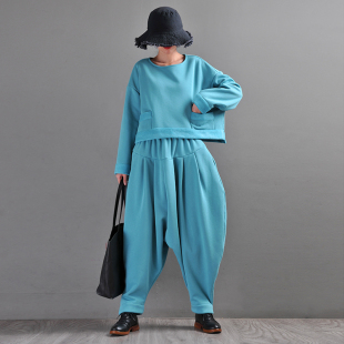 套头上衣两件套装 易见秋冬新款 文艺复古宽松休闲加绒卫衣灯笼裤